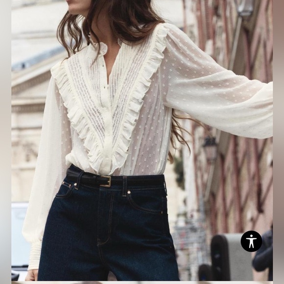 Zara Women’s Ruffled Swiss Dot Semi-Sheer Shirt - Size M - Picture 4 of 14